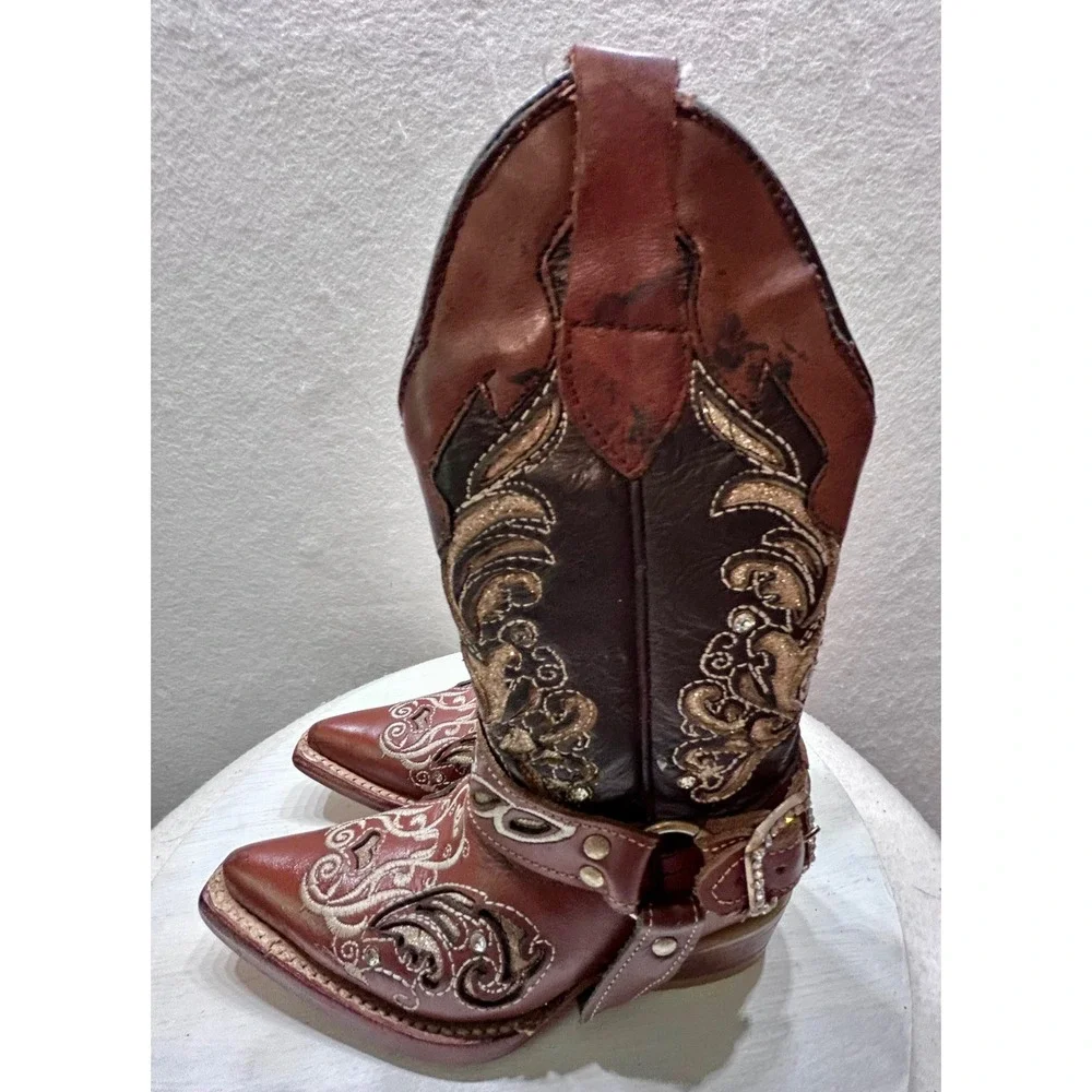 Botas Nicasio Kids Brown Leather Embroidered Cowboy Boots Rhinestone Harness 8